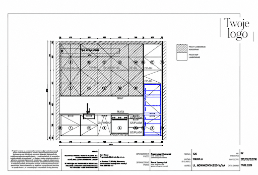 Rysunek techniczny CAD szafki, rozstrzelenie korpusu i lista formatek na rozkrój